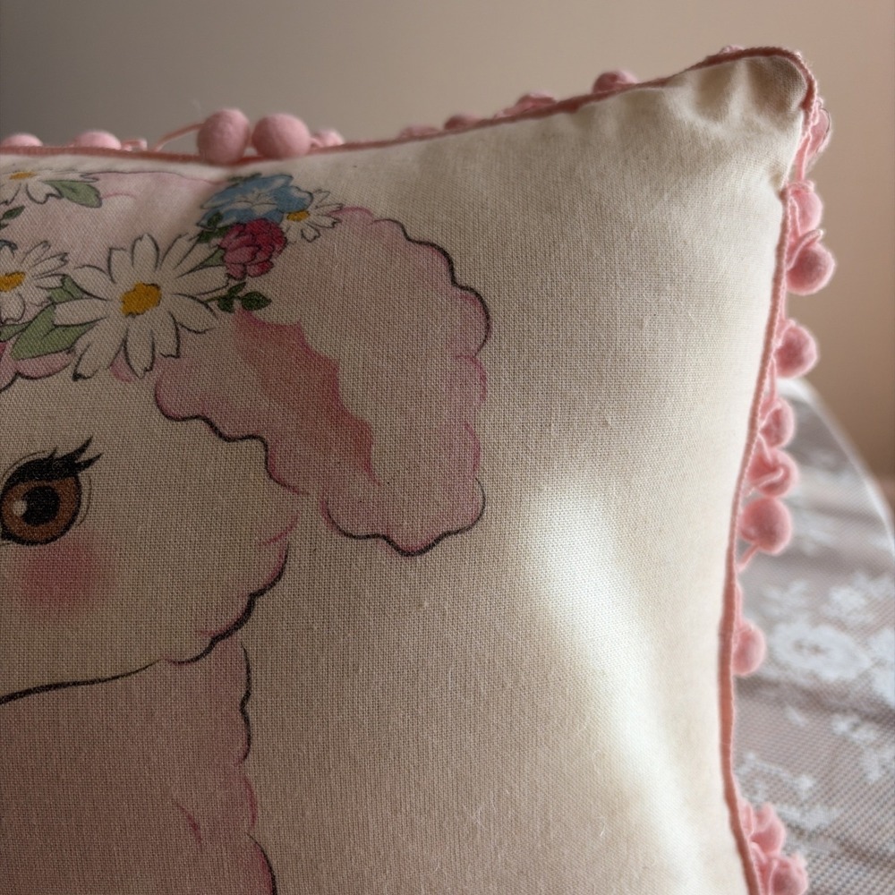 Vintage Inspired Kitschy Lamb Throw Pillow Pink Pom Pom Fringe Square Polka Dots - Picture 5 of 16